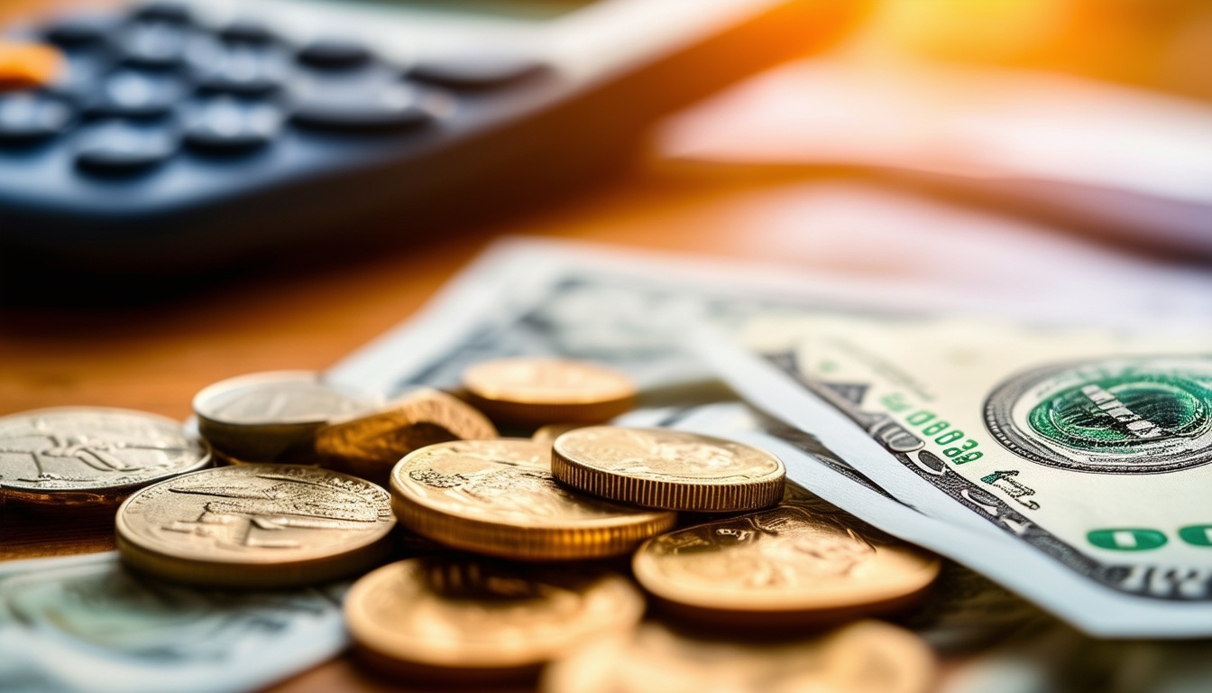 The photo is a close-up shot of a banknote with a denomination of $10 and coins scattered around it. The background consists of a wooden table with a blurred out calculator and financial documents. The camera angle is slightly tilted to add a dynamic element to the composition. The lens used is a wide-angle lens to capture the details of the money and the surrounding items. The overall color scheme is warm and inviting, with a focus on financial elements.