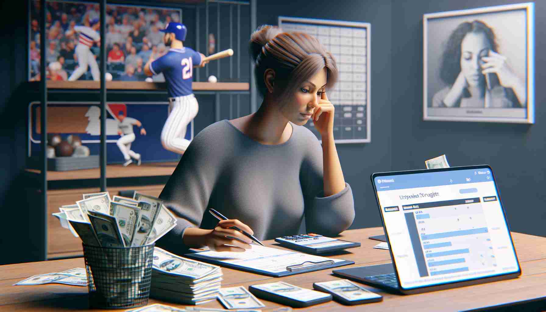 Render a realistic and high-definition scene portraying the challenges faced by the wife of a baseball player, focusing particularly on unspoken financial struggles. The scene can include aspects like a woman thoughtfully studying a stack of bills, considering her budget worksheet on a laptop, or worryingly looking at a dwindling bank account on her mobile banking app. A background hinting at her spouse's occupation, such as baseball memorabilia, could be included.